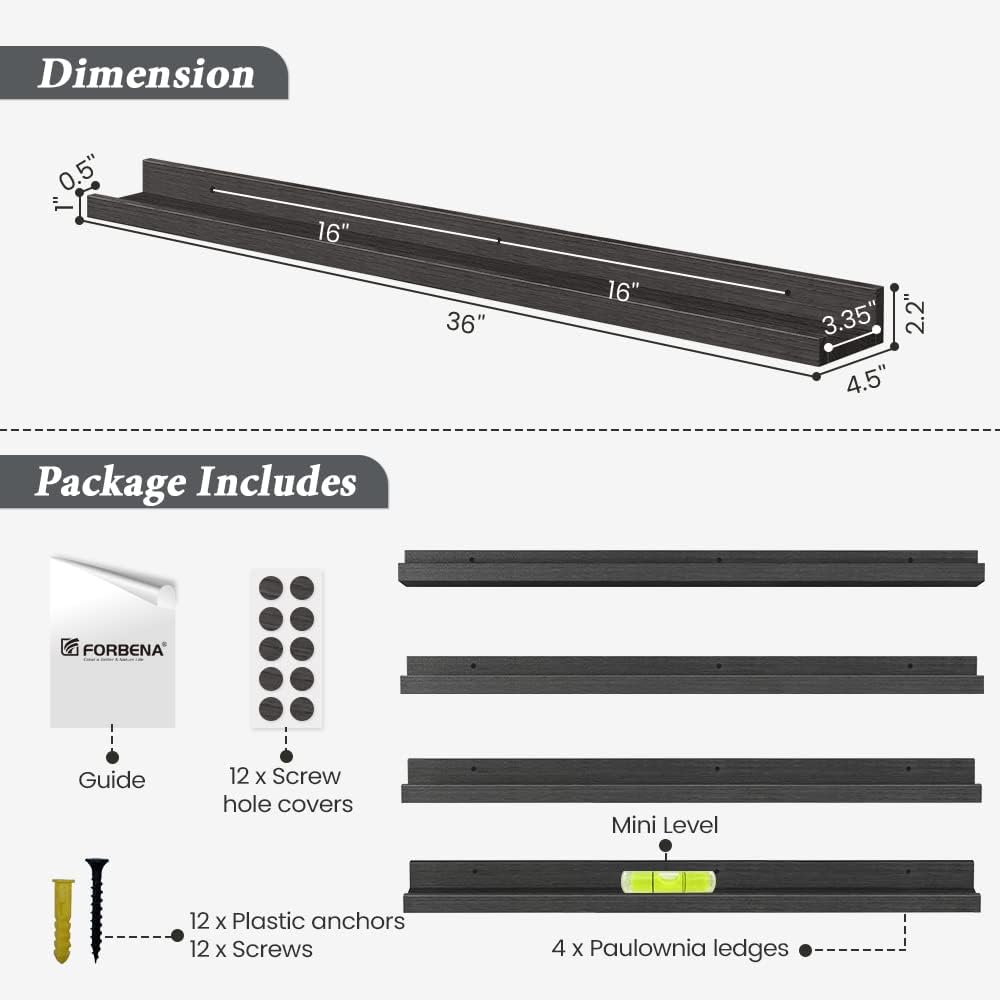 Forbena Black Photo Picture Ledge Shelf Set of 4, 36 Inch Floating Shelves with Lip for Wall, Narrow Wood Wall Shelf for Living Room Bedroom Office Album Frames Classroom Library, Conn 2 as 72 In Long