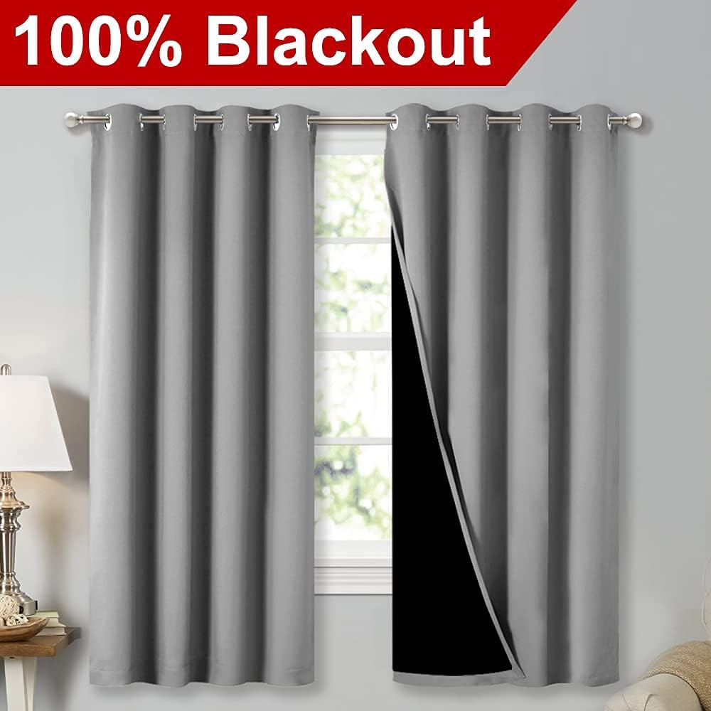 NICETOWN 100% Blackout Curtains with Black Liners, Thermal Insulated Full Blackout 2-Layer Lined Drapes, Energy Efficiency Window Draperies for Bedroom (Silver Grey, 2 Panels, 52-inch W by 63-inch L)