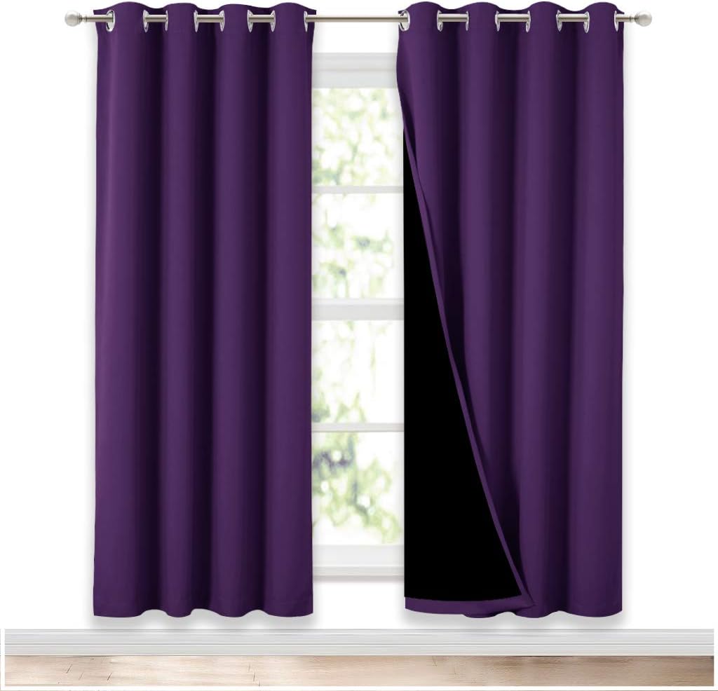 NICETOWN Living Room Completely Shaded Draperies, Privacy Protection & Noise Reducing Ring Top Drapes, Black Lined Insulated Window Treatment Curtain Panels(Royal Purple, 2 Pieces, W52 x L72)