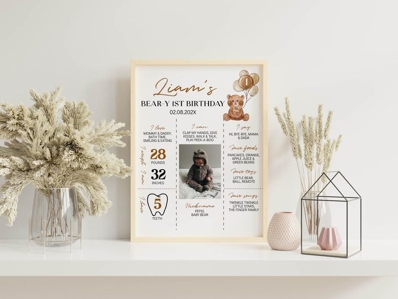 Generic Personalized Beary First Birthday Milestone Poster, Teddy Bear Photo Milestone Sign, Boho Brown Bear Party Stats Board, Design 08