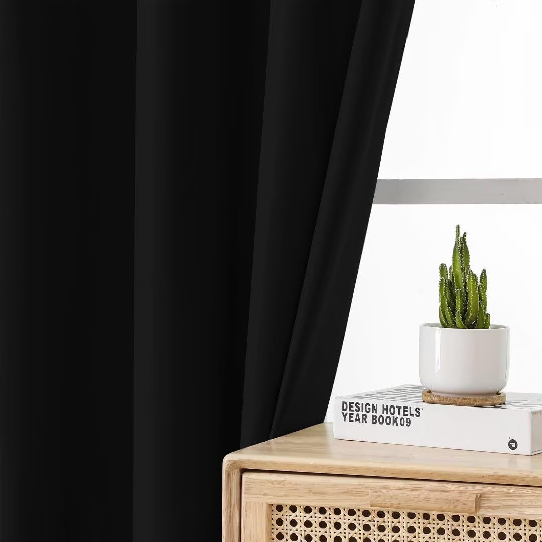 Joydeco 100% Blackout Curtains 72 Inch Long, Black Black Out Curtains for Bedroom Windows, Room Darkening Thermal Insulated Short Textured Grommets Drapes for Living Room