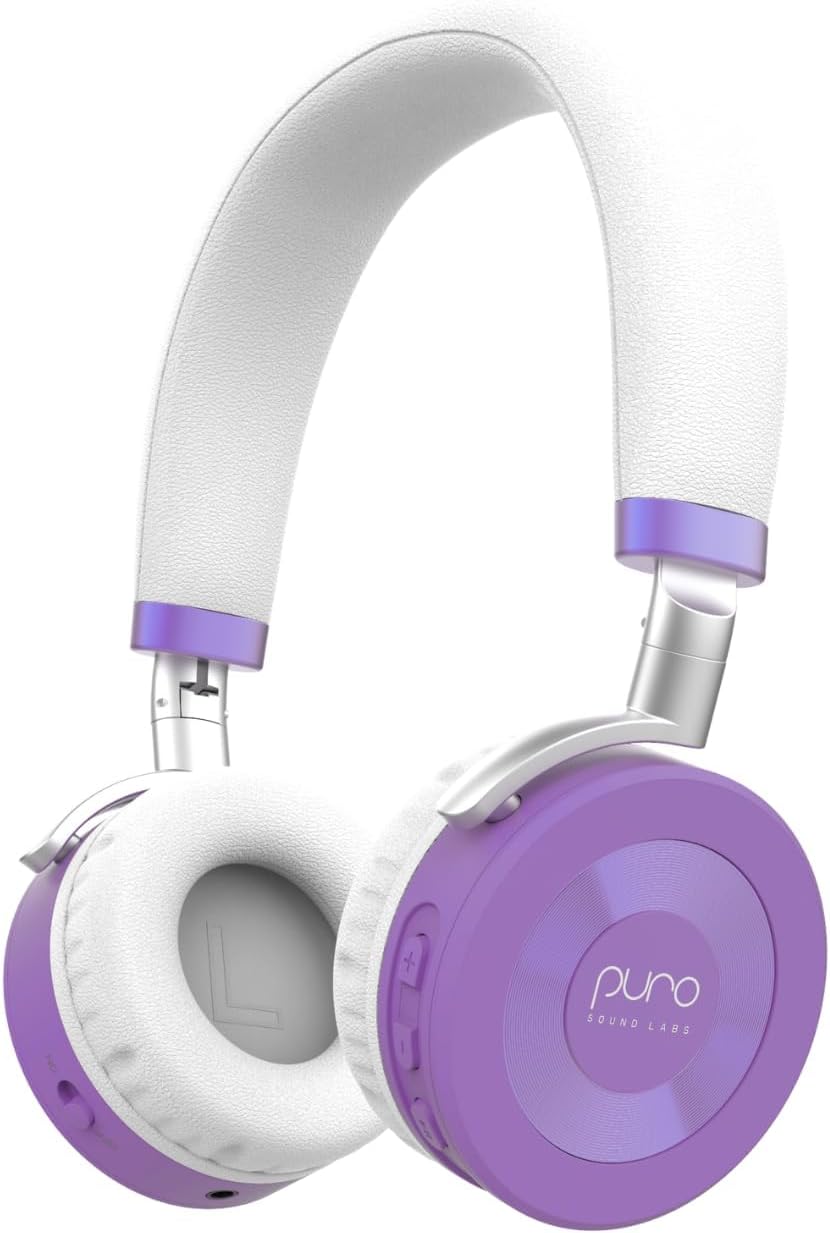 Puro Sound Labs JuniorJam Plus Volume-Limiting Wireless Bluetooth Headphones for Kids, Secure Audio with Adjustable On-Ear Design, 22-Hour Battery, Ideal for Tablets, Smartphones & PCs - Purple
