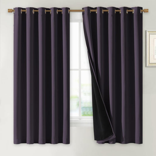 NICETOWN 100% Blackout Lined Curtains, Greyish Purple, 1 Pair, 70" Width x 63" Length Each Panel, 2 Thick Layers Completely Blackout Window Treatment Thermal Insulated Drapes for Kitchen/Bedroom