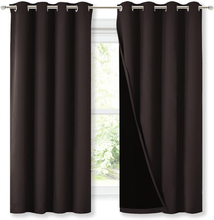 NICETOWN Extra Long Truly Blackout Drapes for Hall and Villa, 46-inch Width Each Panel, 45-inch Length, Brown, 2 Pieces, 100% Blackout Window Curtain Panels with Black Lined for Night Shift Worker