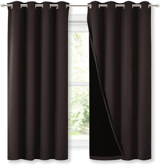 NICETOWN Extra Long Truly Blackout Drapes for Hall and Villa, 46-inch Width Each Panel, 45-inch Length, Brown, 2 Pieces, 100% Blackout Window Curtain Panels with Black Lined for Night Shift Worker