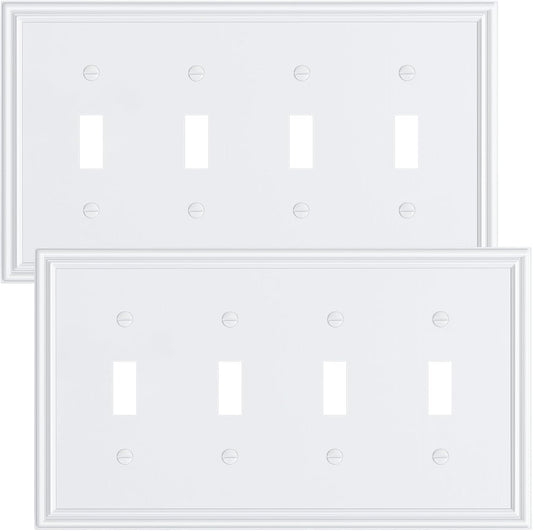 2-Pack Quad Toggle Light Switch Cover Plate, Durable Zinc Alloy Decorative Switch Plate Covers, Pure White 4 Gang Wall Plate for Toggle Light Switch and Rotary Dimmer Switch