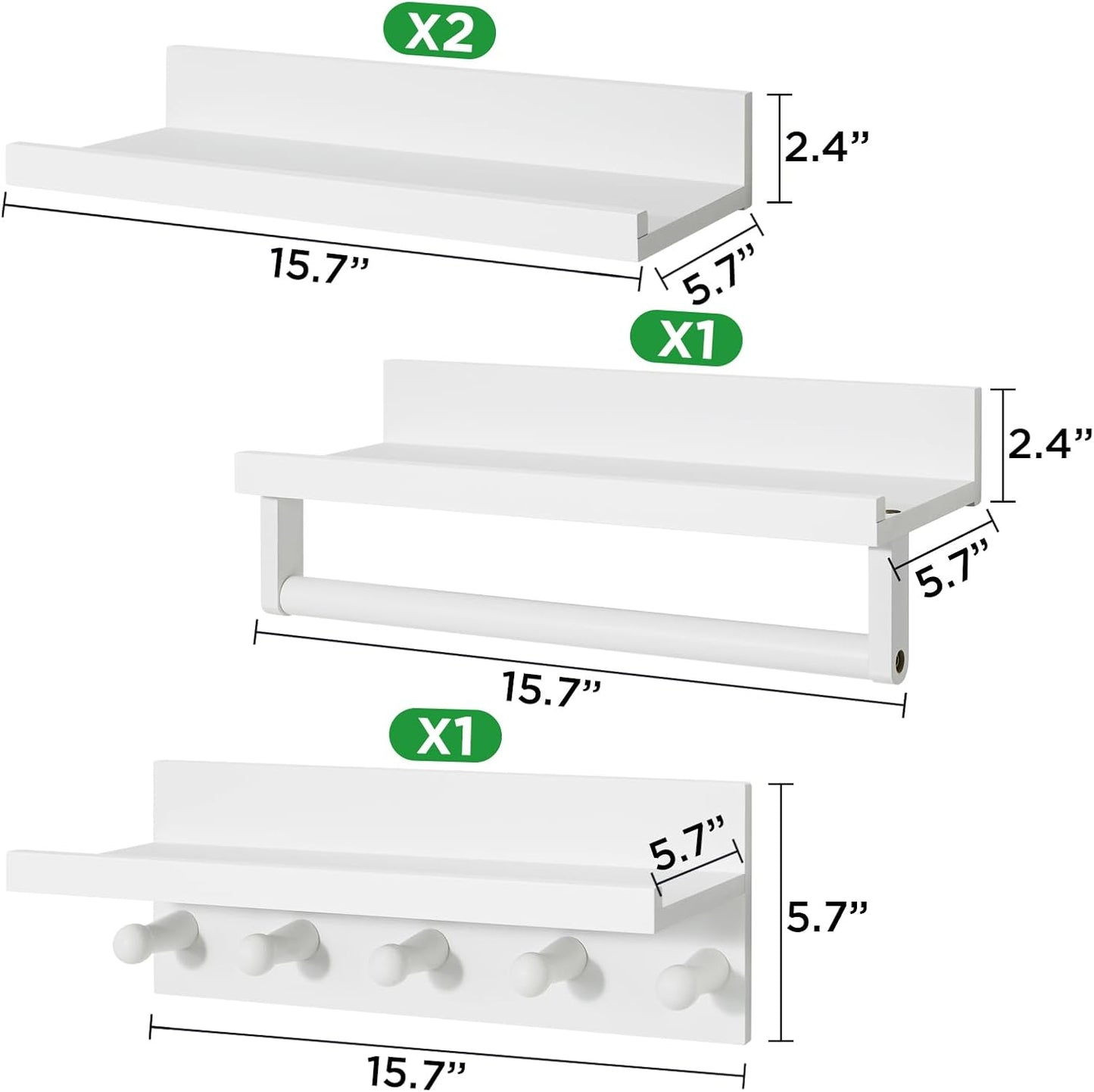 Ollieroo Set of Four Floating Book Shelves for Wall, Nursery Book Shelf for Kids Room, Bamboo Wood Hanging Bookshelf for Baby Teen Boys Girls, Wall Mounted Shelves for Bedroom Bathroom Decor(White)