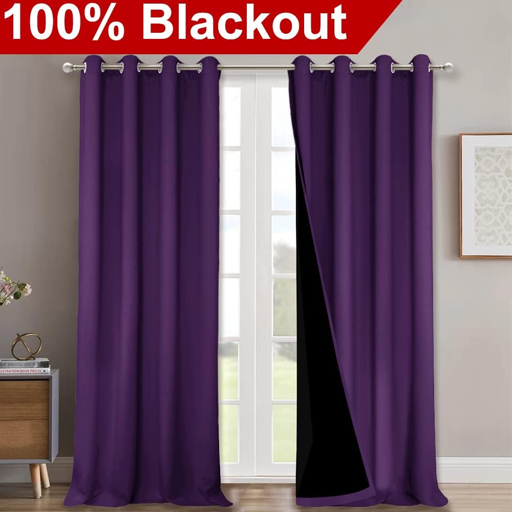 NICETOWN 100% Blackout Blinds, Set of 2, 46" x 96", Royal Purple, Laundry Room Decor Window Treatment Curtains for Large Patio Sliding Door, Thermal Insulated Curtains for Bedroom