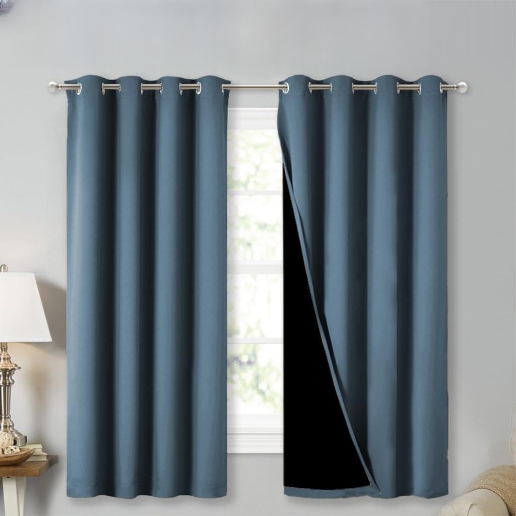 NICETOWN 100% Blackout Curtains 54" Long, Smoky Blue, 1 Pair, 52" Width Each Panel, Double-Deck Completely Blackout Window Treatment Thermal Insulated Lined Drapes for Small Window