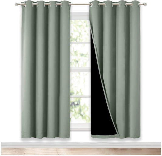 NICETOWN 100% Blackout Window Curtain Panels, Full Light Blocking Drapes with Black Liner for Nursery, 72-inch Drop Thermal Insulated Draperies (Greyish Green, 2 Pieces, 52-inch Wide Per Panel)