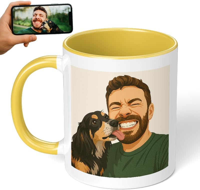 Personalized Coffee Mug, Custom Drawing Portrait Gift, Funny Customized Coffee Gift for Men & Women, Custom Mugs with Pictures, Yellow 11oz Customized Ceramic Tea Cup