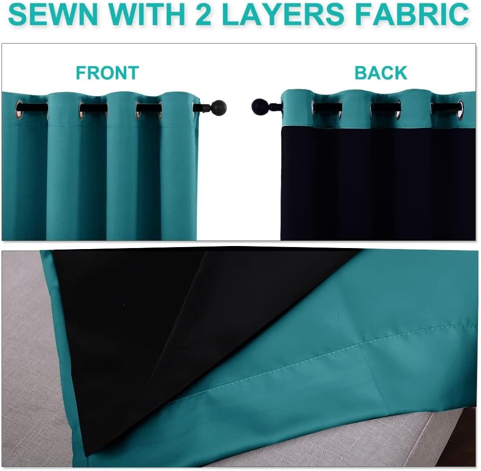 NICETOWN 100% Blackout Short Curtains with Black Liners, 2 Panels, 37" W by 50" L, Peacock Teal, Solid Thermal Insulated Full Blackout 2-Layer Lined Drapes, Energy Efficiency Window Drapes for Bedroom