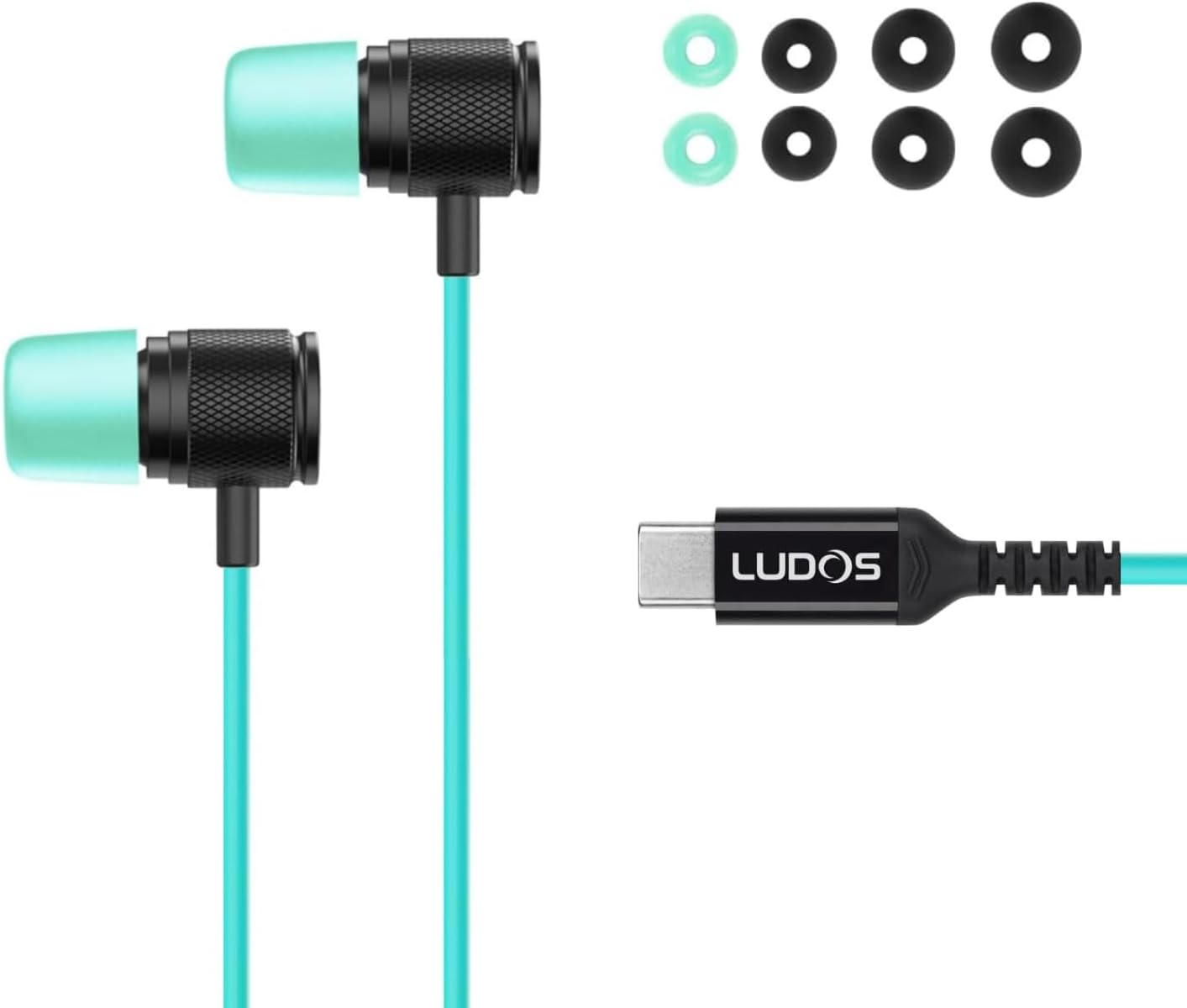 LUDOS Ultra USB C Headphones for iPhone 16 15 Pro Max Plus iPad Pro, 5 Years Warranty, Magnetic USB-C Earbuds for Samsung Galaxy S24 S23 Ultra S22 S21 FE S20 A55 A54 A53, USB Type C - Turquoise