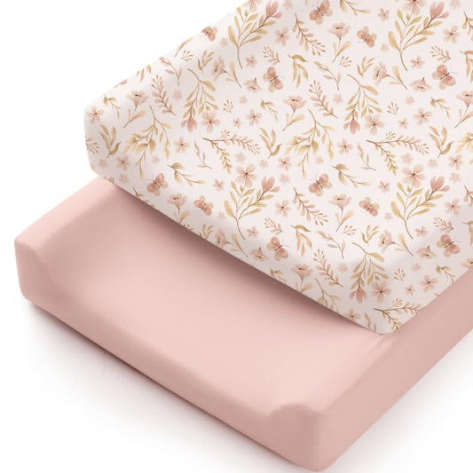 Konssy 2 Pack Stretchy Changing Pad Covers for Girl, Boy, Silky Soft Changing Table Cover, Breathable Baby Nursery Diaper Chang Pad Sheets (Pink Spring,Pink)