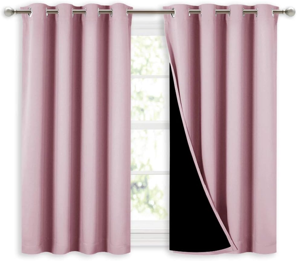 NICETOWN 100% Blackout Curtains 45 inches Long, 2 Thick Layers Completely Blackout Window Treatment Thermal Insulated Lined Drapes for Small Window (Lavender Pink, 1 Pair, 52 inches Width Each Panel)
