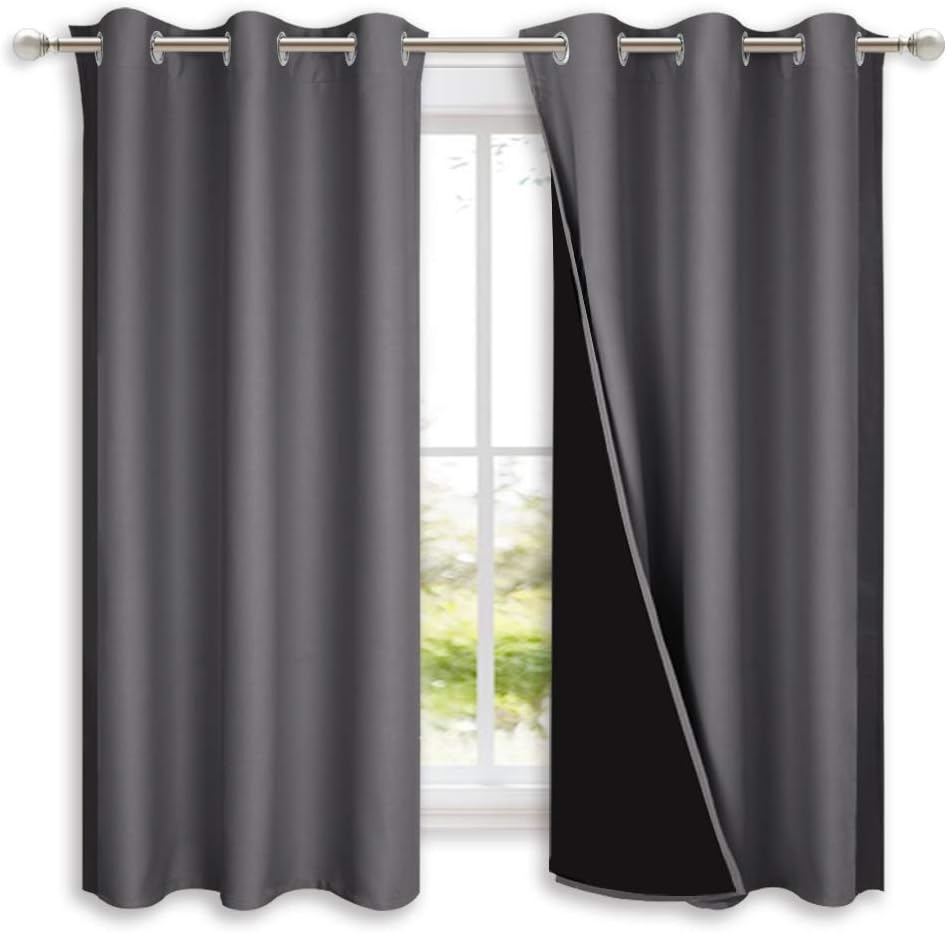 NICETOWN 100% Blackout Curtains with Black Liners, Thermal Insulated Full Blackout 2-Layer Lined Drapes, Energy Efficiency Window Draperies for Bedroom (2 Panels, 42 inches W by 63 inches L, Grey)