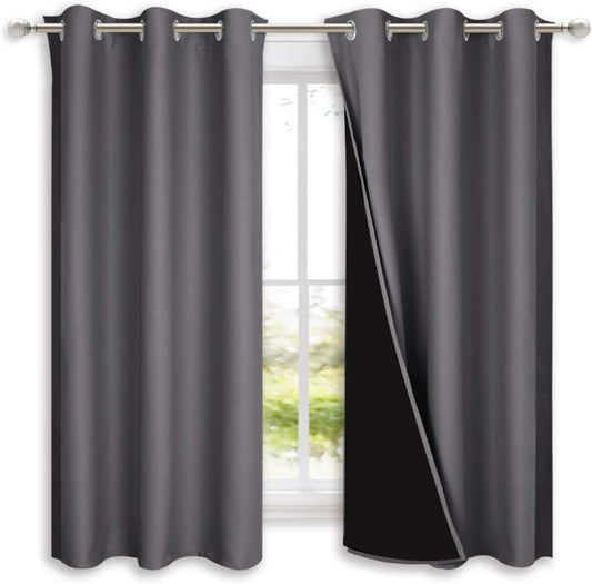 NICETOWN 100% Blackout Curtains with Black Liners, Thermal Insulated Full Blackout 2-Layer Lined Drapes, Energy Efficiency Window Draperies for Bedroom (2 Panels, 42 inches W by 63 inches L, Grey)