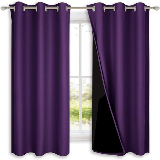 NICETOWN 100% Blackout Short Curtains with Black Liners, 2 Panels, 37" W by 63" L, Royal Purple, Solid Thermal Insulated Full Blackout 2-Layer Lined Drapes, Energy Efficiency Window Drapes for Bedroom