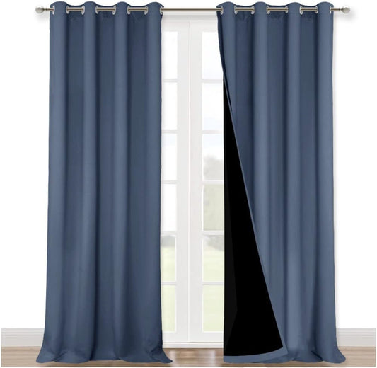 NICETOWN 100% Blackout Curtains for Windows, Pack of 2, Stone Blue, 52" W x 102" L, Super Heavy-Duty Black Lined Total Darkness Drapes for Bedroom, Privacy Assured Window Treatment for Patio