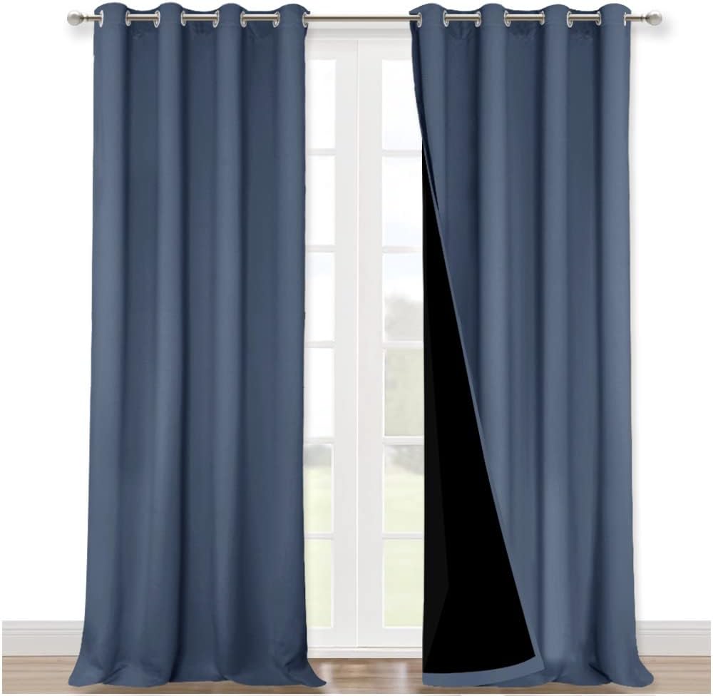 NICETOWN Room Warming Curtains, 100% Sun Blocking Curtains, Sound Proof Drapes with Black Backing, Full Light Blocking Panels for Patio Sliding Door (Stone Blue, 1 Pair, 52 inches x 108 inches)