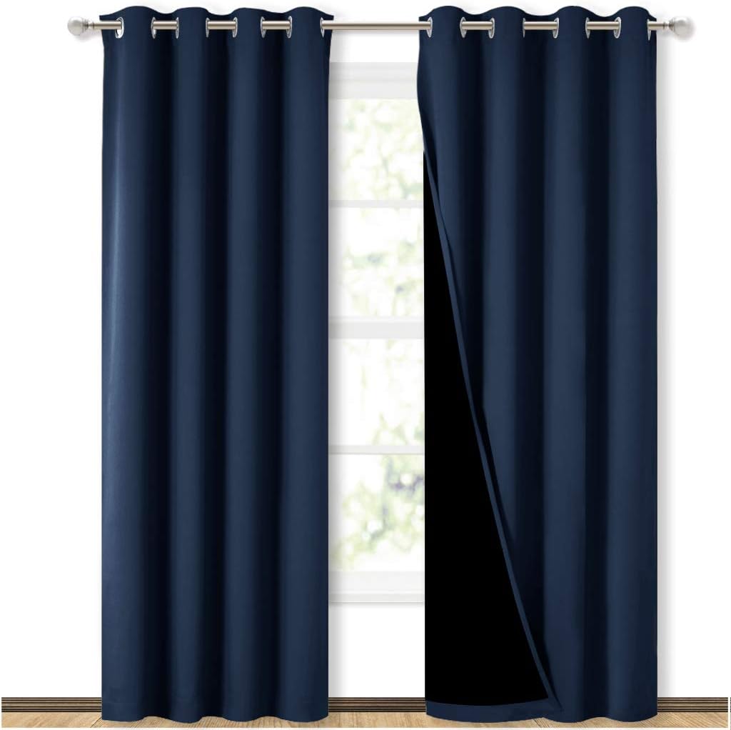 NICETOWN 100% Blackout Curtain Set, Thermal Insulated & Energy Efficiency Window Draperies for Guest Room, Full Shading Panels for Shift Worker and Light Sleepers, Navy Blue, 52W x 84L, 2 PCs