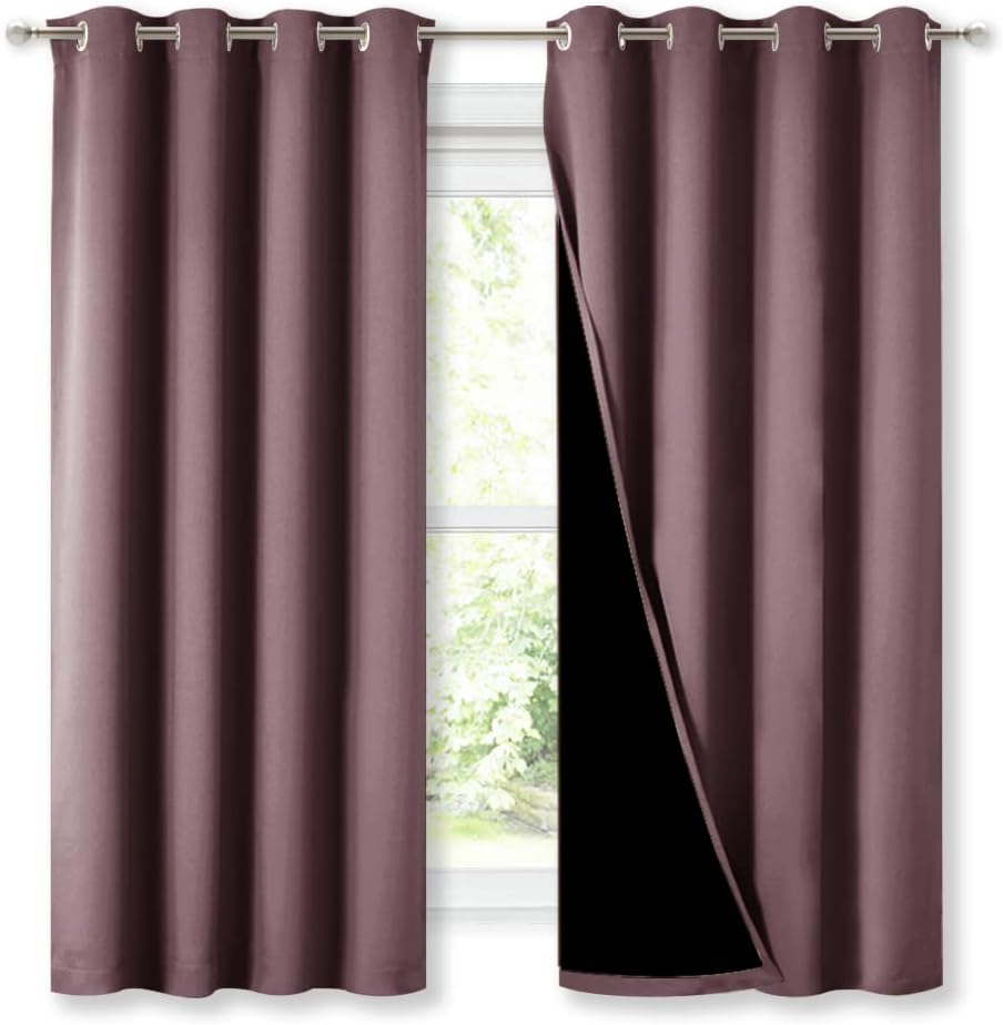 NICETOWN 100% Blackout Curtains with Black Liners, Thermal Insulated Full Blackout 2-Layer Lined Drapes, Energy Efficiency Window Draperies for Bedroom (Dry Rose, 2 Panels, 52-inch W by 63-inch L)