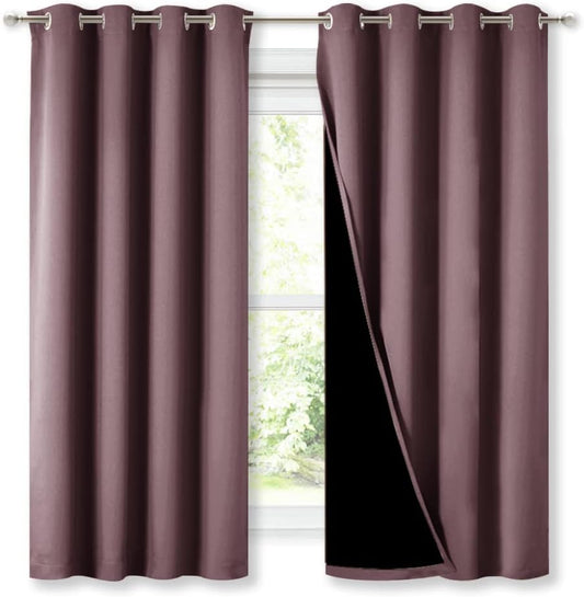 NICETOWN 100% Blackout Curtains with Black Liners, Thermal Insulated Full Blackout 2-Layer Lined Drapes, Energy Efficiency Window Draperies for Bedroom (Dry Rose, 2 Panels, 52-inch W by 63-inch L)