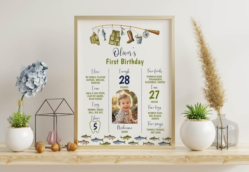 Generic Personalized Fishing Milestone Board, Big One 1St Birthday Milestone Poster, O-Fish-Ally Birthday Photo Milestone Sign, Design 016