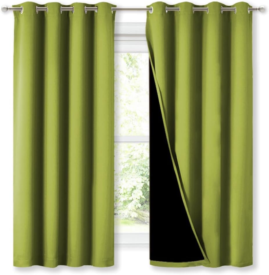 NICETOWN 100% Blackout Curtains with Black Liners, Fresh Green, 2 Panels, 52-inch W by 63-inch L, Thermal Insulated Full Blackout 2-Layer Lined Drapes, Energy Efficiency Window Draperies for Bedroom