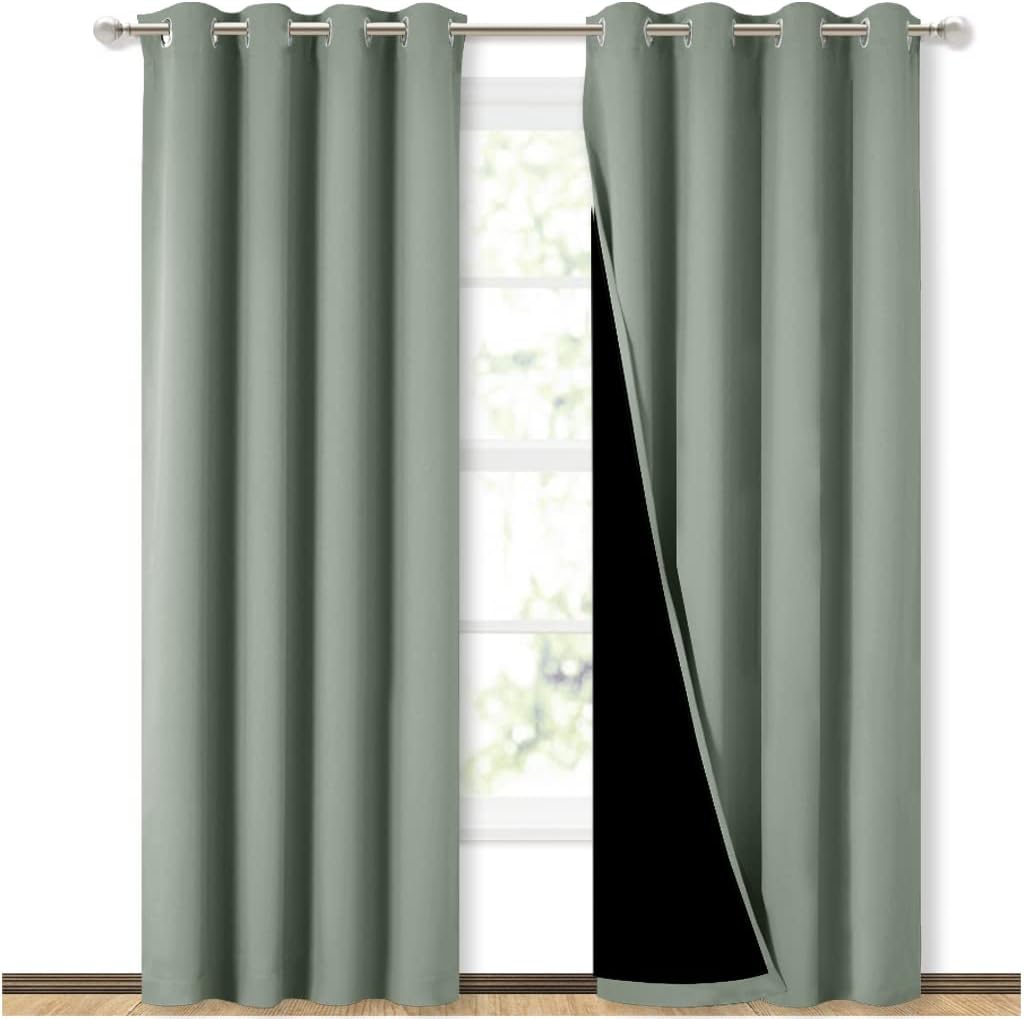 NICETOWN 100% Blackout Window Curtain Panels, Cold and Full Light Blocking Drapes with Black Liner for Nursery, 84 inches Drop Thermal Insulated Draperies (Greyish Green, 2 Pieces, 52" Wide per Panel)
