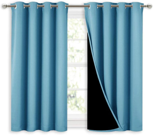 NICETOWN 100% Blackout Short Curtains with Black Liners, Thermal Insulated Full Blackout Lined Drapes, Energy Efficiency Window Draperies for Boy's Room (Teal Blue, 2 Panels, 52-inch W by 45-inch L)