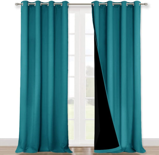 NICETOWN 100% Blackout Blinds, Set of 2, 46" x 96", Peacock Teal, Laundry Room Decor Window Treatment Curtains for Large Patio Sliding Door, Thermal Insulated Curtains for Bedroom