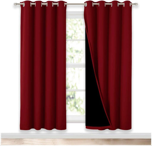 NICETOWN Living Room Completely Shaded Draperies, Privacy Protection & Noise Reducing Ring Top Drapes, Black Lined Insulated Decorative Curtain Panels(Burgundy Red, 2 Pieces, W52 x L72)