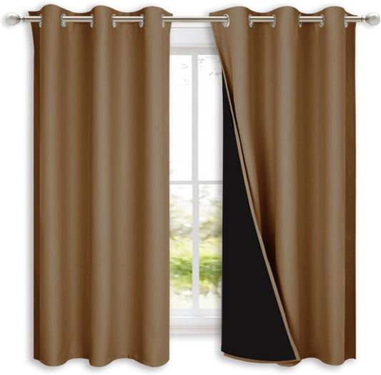 NICETOWN 100% Blackout Curtains 45 inches Long, Gold Brown, 1 Pair, 42 inches Width Each Panel, 2 Thick Layers Completely Blackout Window Treatment Thermal Insulated Lined Drapes for Small Window