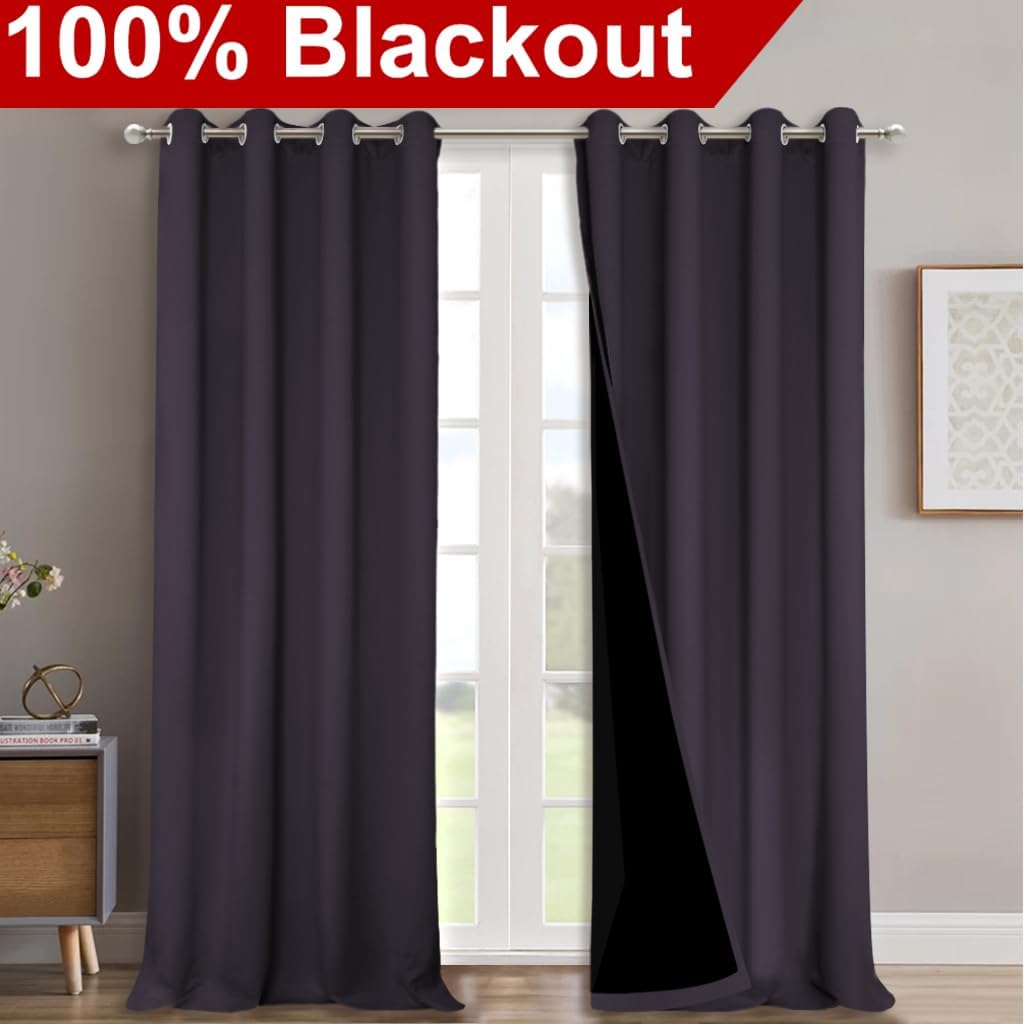 NICETOWN 100% Blackout Blinds, Set of 2, 46" x 96", Greyish Purple, Laundry Room Decor Window Treatment Curtains for Large Patio Sliding Door, Thermal Insulated Curtains for Bedroom