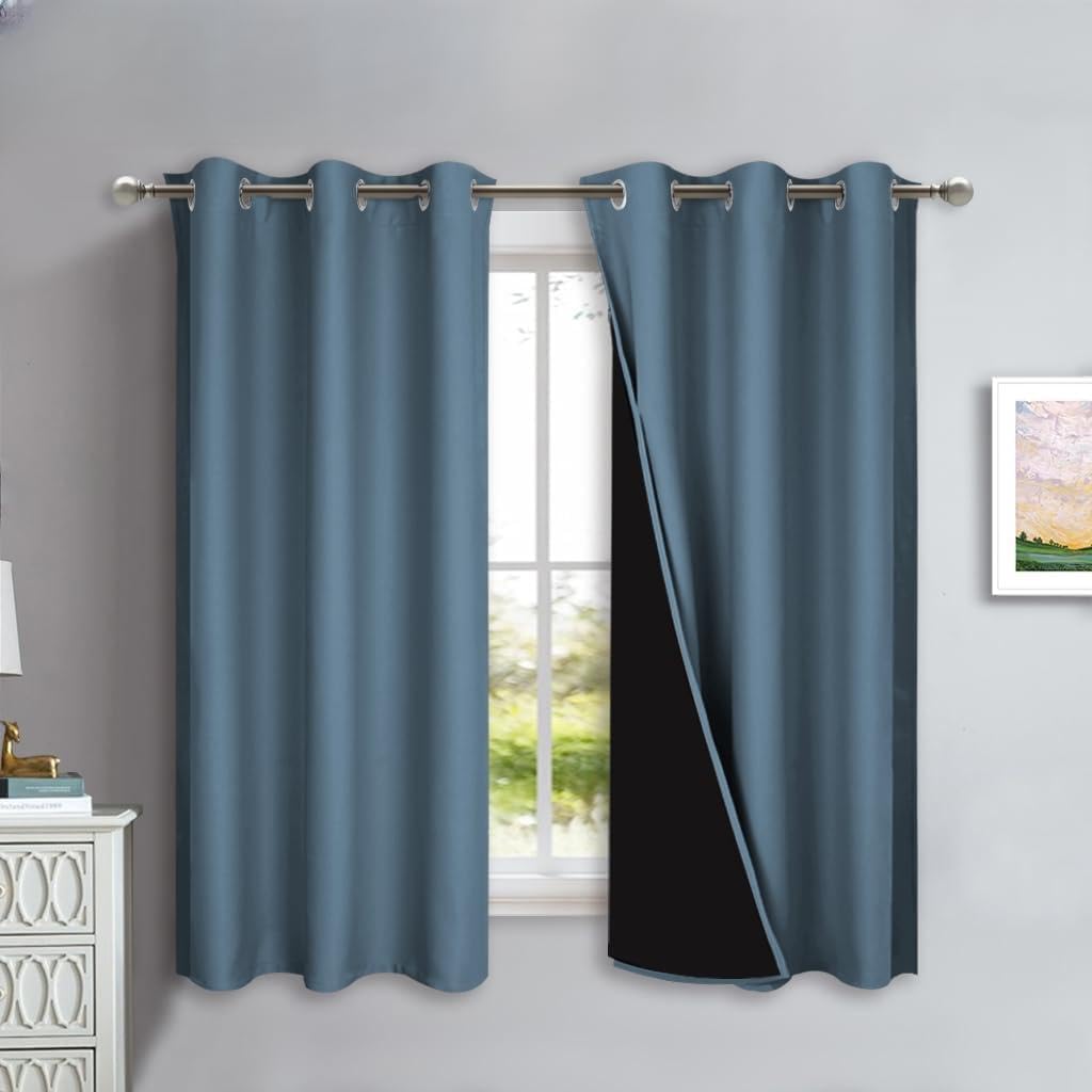 NICETOWN 100% Blackout Lined Curtains, Smoky Blue, 1 Pair, 42" Width x 63" Length Each Panel, 2 Thick Layers Completely Blackout Window Treatment Panels Thermal Insulated Drapes for Kitchen