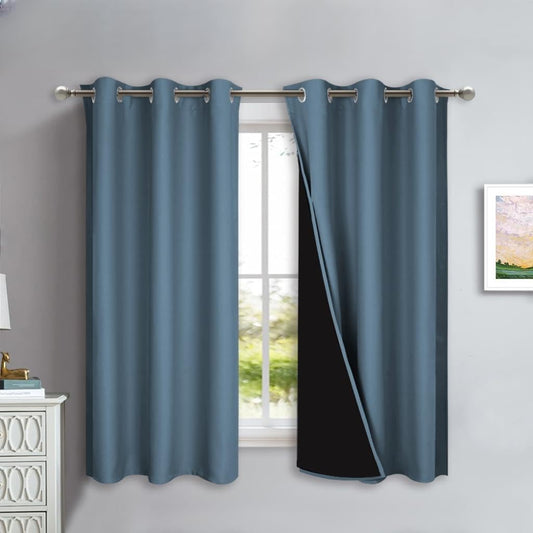 NICETOWN 100% Blackout Lined Curtains, Smoky Blue, 1 Pair, 42" Width x 63" Length Each Panel, 2 Thick Layers Completely Blackout Window Treatment Panels Thermal Insulated Drapes for Kitchen
