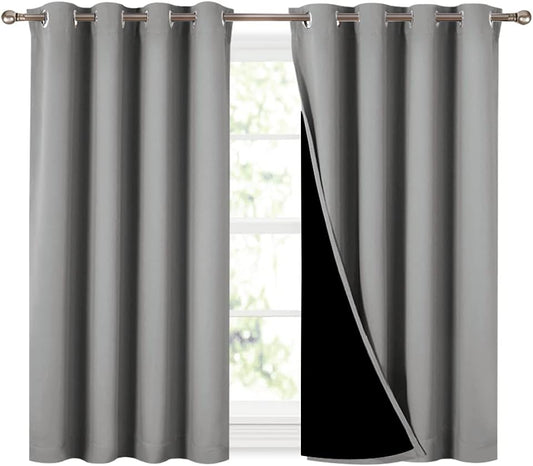 NICETOWN 100% Blackout Curtains with Black Liners, Thermal Insulated Full Blackout 2-Layer Curtains, Energy Efficiency Window Draperies for Dining Room (Silver Grey, 2 Panels, 52-inch W by 45-inch L)
