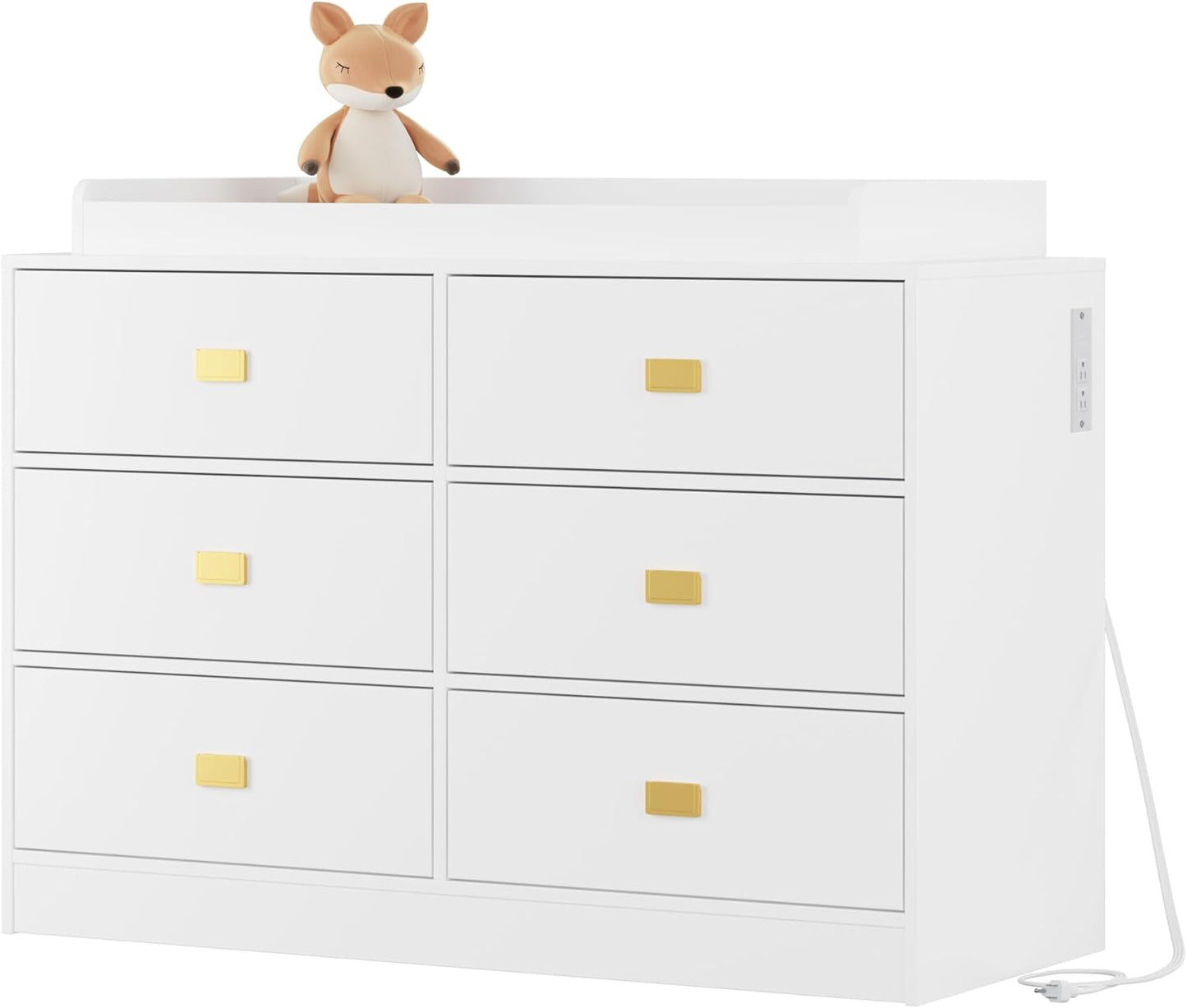 Dresser for Bedroom with 6 Drawers, Changing Table Dresser with Power Outlets, Soft Changing Pad & Removable Top, Baby Dresser with Changing Table Top for Nursery, White