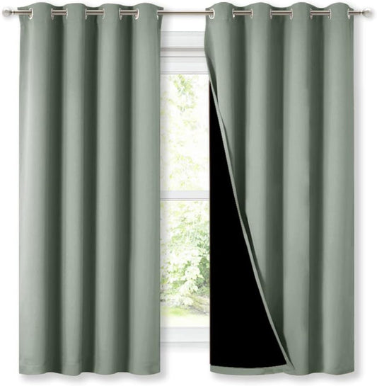 NICETOWN Extra Long Truly Blackout Drapes for Hall and Villa, 46-inch Width Each Panel, 45-inch Length, Greyish Green, 2 Pieces, 100% Blackout Window Curtains with Black Lined for Night Shift Worker