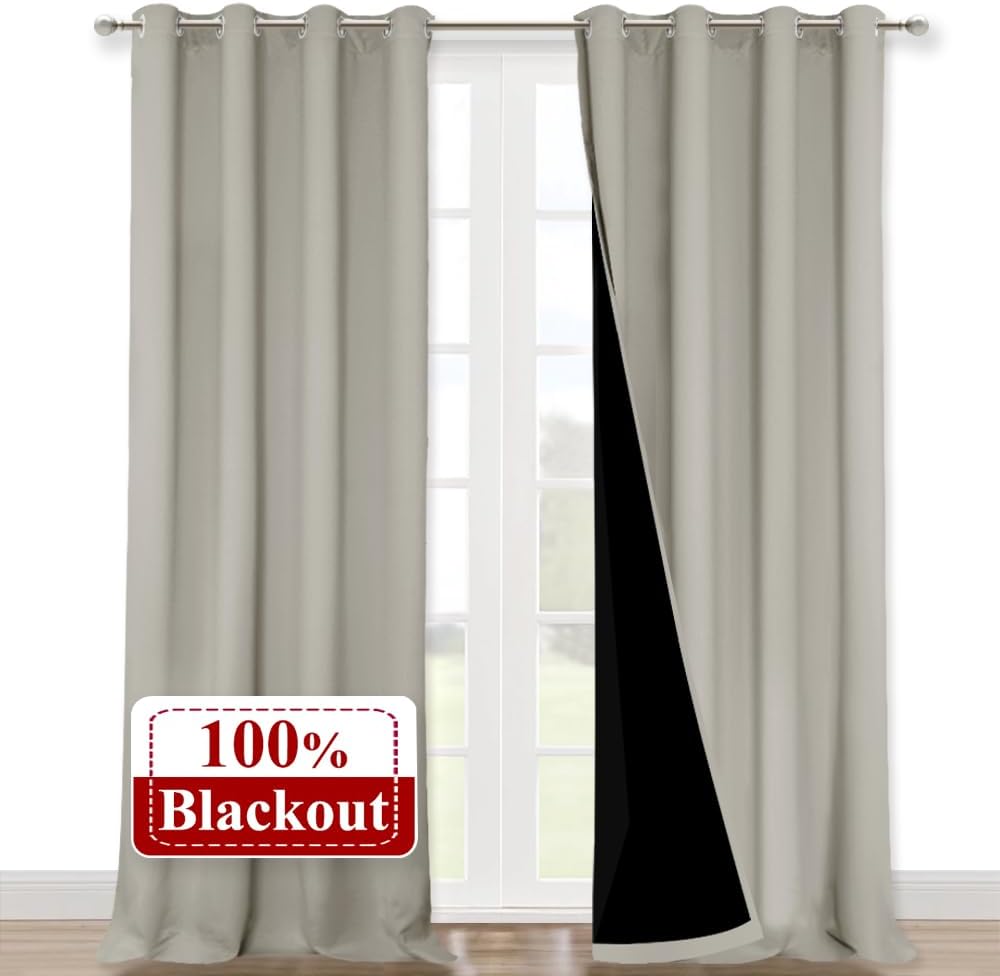 NICETOWN Natural 100% Blackout Curtains for Windows, Pack of 2, 52 inches W x 120 inches L, Super Heavy-Duty Black Lined Total Darkness Drapes for Bedroom, Privacy Assured Window Treatment for Patio