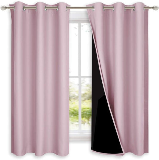 NICETOWN 100% Blackout Curtains 45 inches Long, 1 Pair, Baby Pink, 42 inches Width Each Panel, 2 Thick Layers Completely Blackout Window Treatment Thermal Insulated Lined Drapes for Small Window