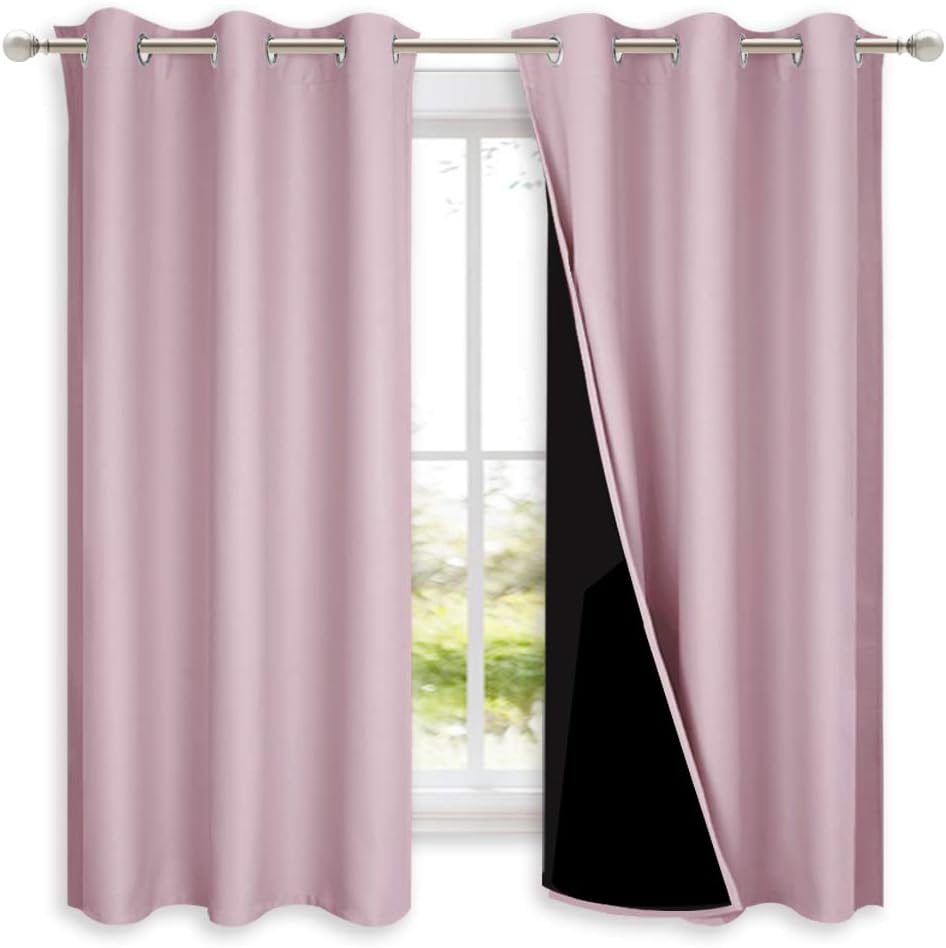 NICETOWN 100% Blackout Room Warming Lined Curtains, Totally Darkness Drapes, Thermal Insulated Drapes for Daughters Nursery (Lavender Pink, 1 Pair, 42 inches Width x 63 inches Length Each Panel)