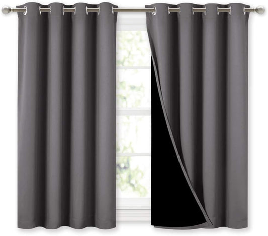 NICETOWN 100% Blackout Curtains with Black Liners, Thermal Insulated Full Blackout 2-Layer Lined Curtains, Energy Efficiency Window Draperies for Dining Room (Grey, 2 Panels, 52-inch W by 45-inch L)