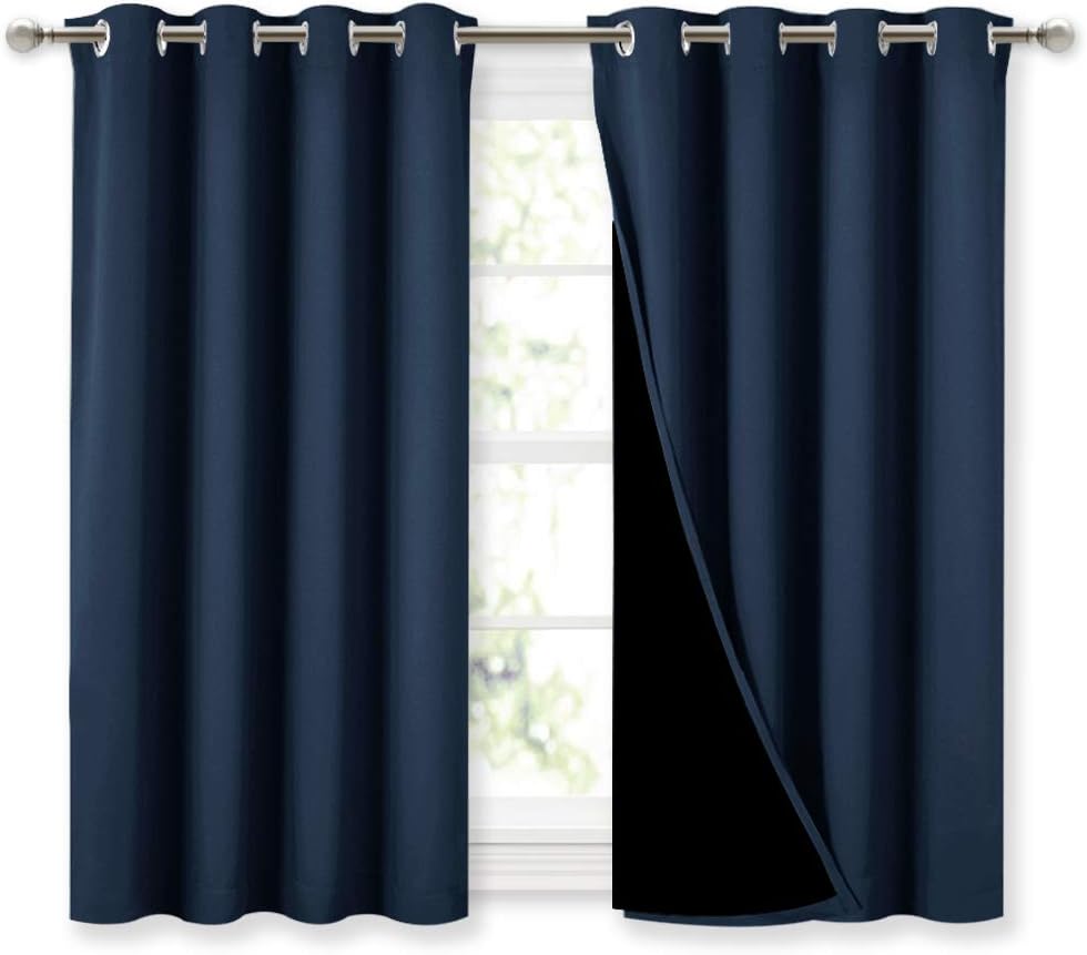 NICETOWN 100% Blackout Curtains with Black Liners, Thermal Insulated 2-Layer Lined Drapes, Energy Efficiency Small Window Draperies for Dining Room (Navy Blue, 2 Panels, 52 inches W by 45 inches L)