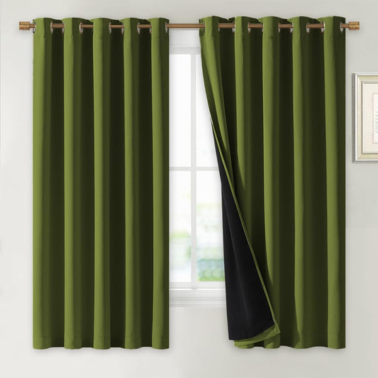NICETOWN 100% Blackout Lined Curtains, Olive Green, 1 Pair, 62" Width x 63" Length Each Panel, 2 Thick Layers Completely Blackout Window Treatment Thermal Insulated Drapes for Kitchen/Bedroom