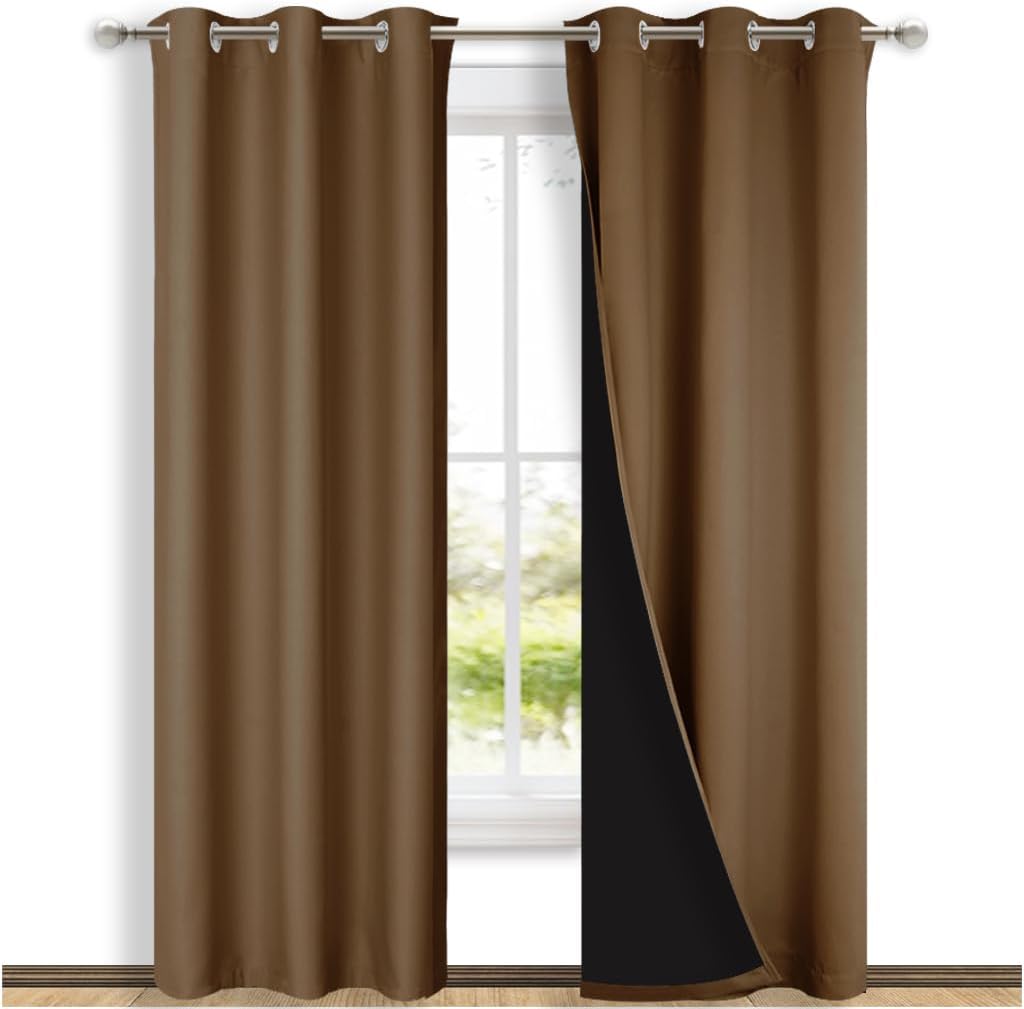NICETOWN Gold Brown Full Shade Curtain Panels, 37" Wide x 84" Long, Pair of Thermal Insulated & Energy Efficiency Blackout Drapes for Living Room Windows, Lined Silky Performance Window Dressing