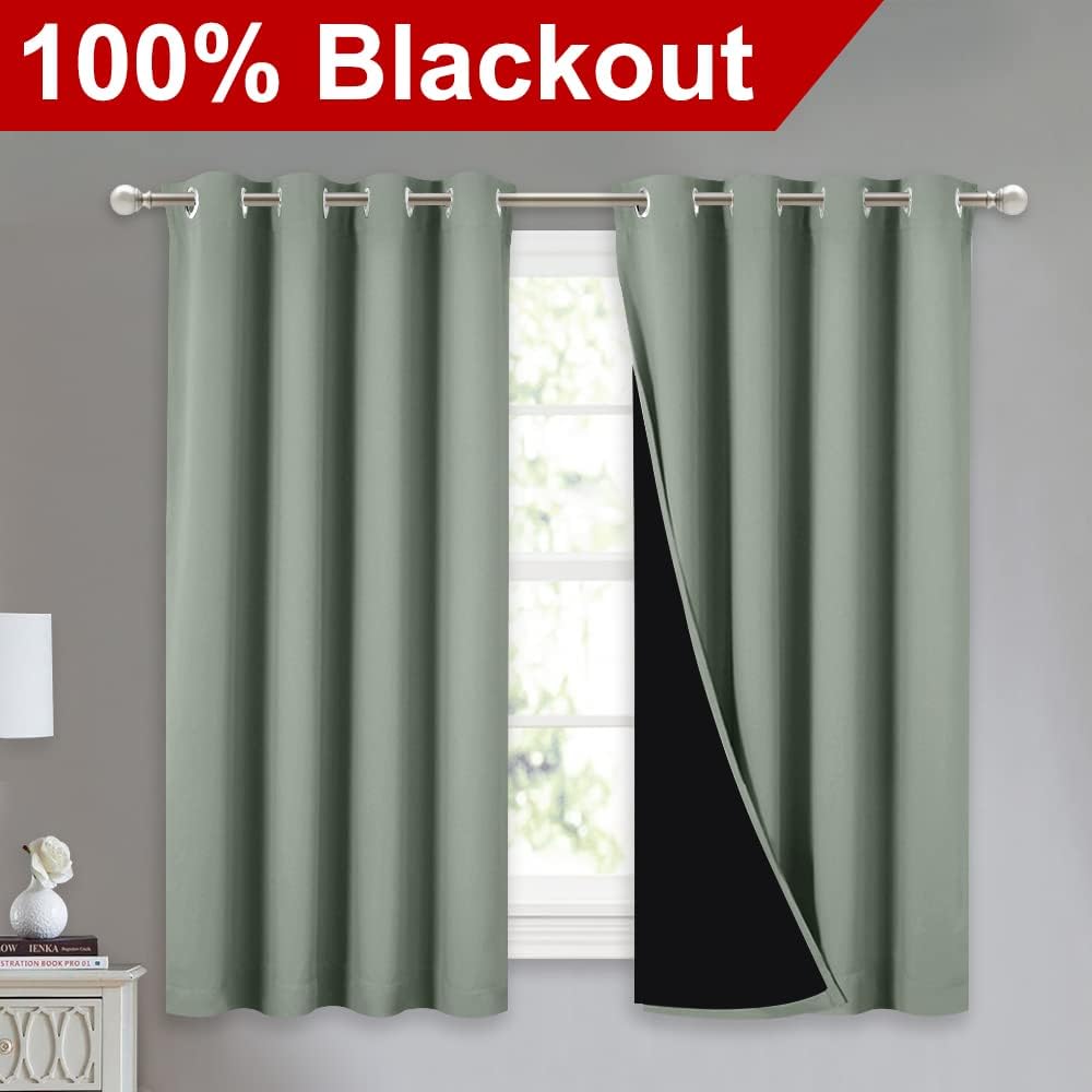NICETOWN 100% Blackout Curtains 54 inches Long, Double-Deck Completely Blackout Window Treatment Thermal Insulated Lined Drapes for Small Window (Greyish Green, 1 Pair, 52 inches Width Each Panel)