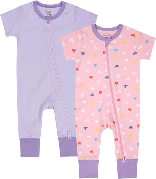 Teach Leanbh Baby Boys Girls 2 Pack 2 Way Zipper Footless Pajamas Cotton Short Sleeve Printing Romper Sleep and Play