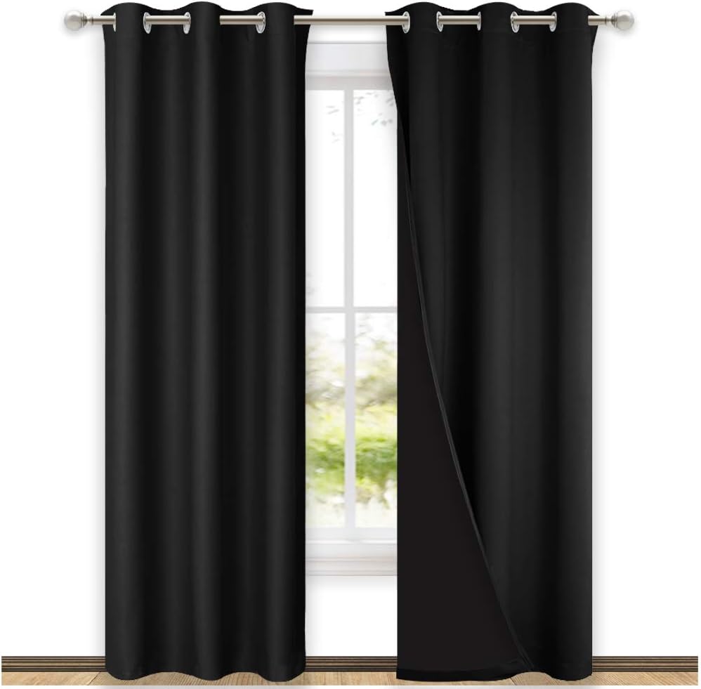 NICETOWN Room Warming Blackout Curtains 80 inches Long, Full Light Blocking Drapes with Black Liner for Nursery, Thermal Insulated Draperies for Hall, Villa (Black, 2 Pieces, 42" Wide Each Panel)